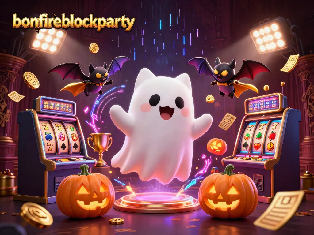 Enjoying the exciting bonfireblockparty at a lively haunted casino with glowing slot machines and festive characters.