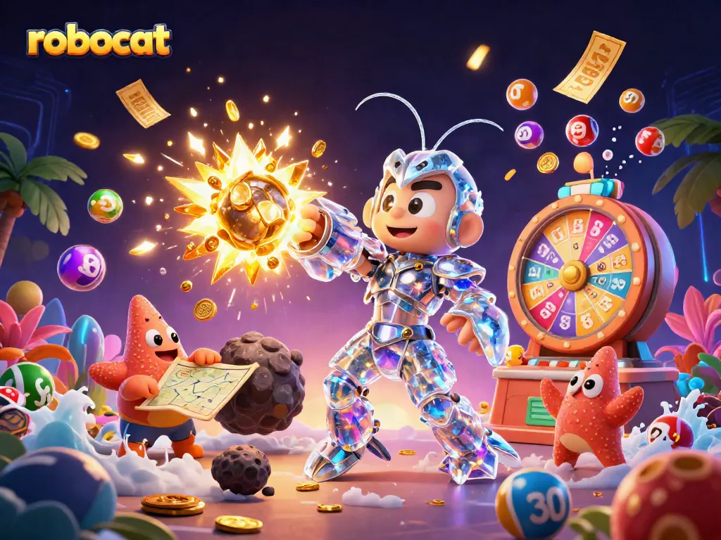 Experience winning vibes with robocat in a dynamic casino-themed illustration showcasing vibrant games and prizes.