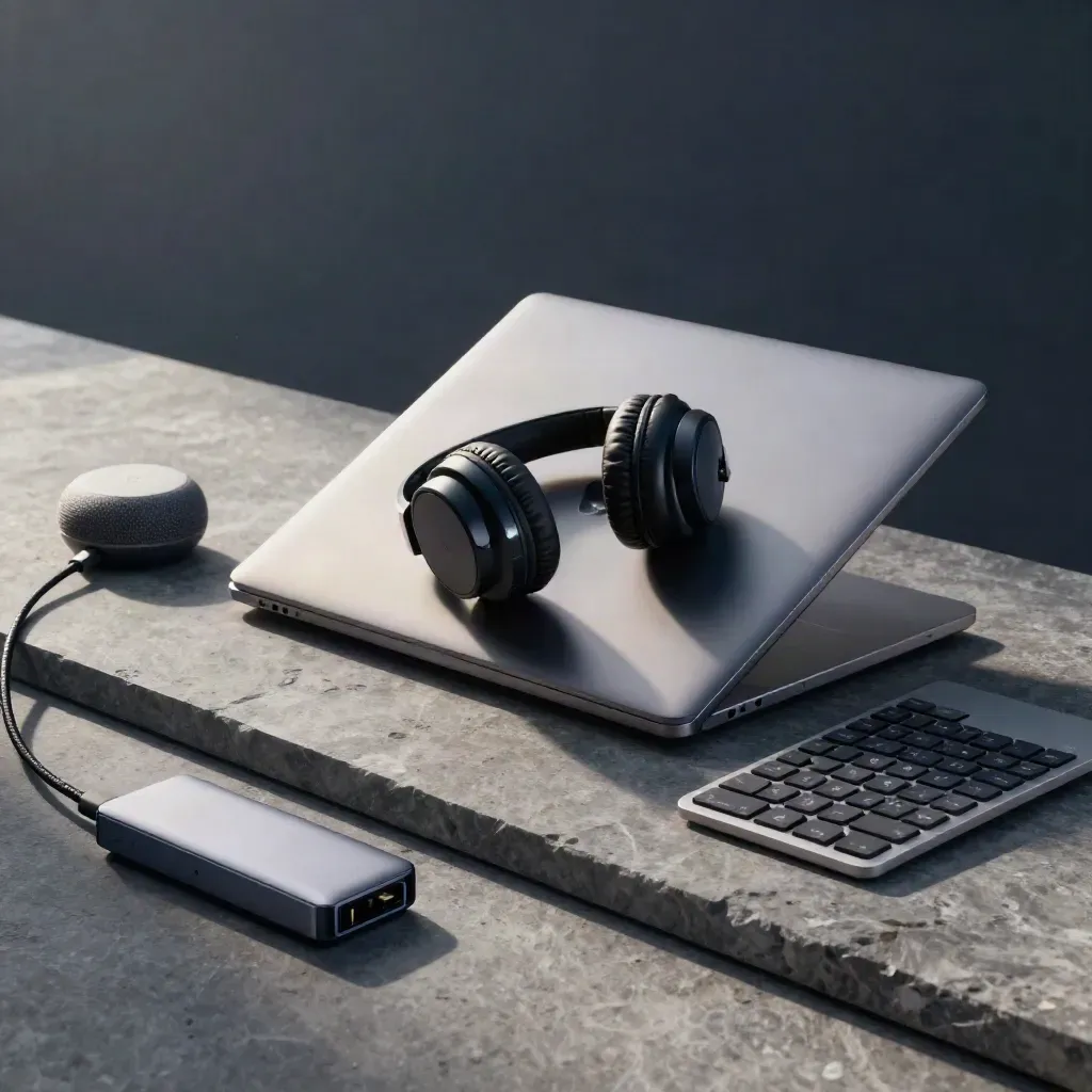 Portátil cerrado con auriculares, teclado externo y altavoz de voz sobre piedra gris