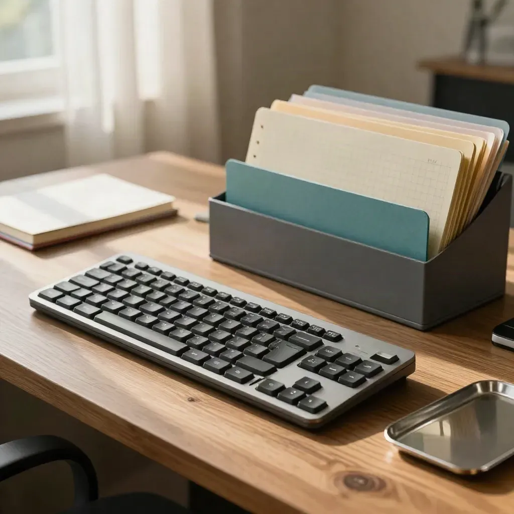 Escritorio de oficina con teclado, calculadora, libreta cuadriculada y separadores teal, muy ordenado.