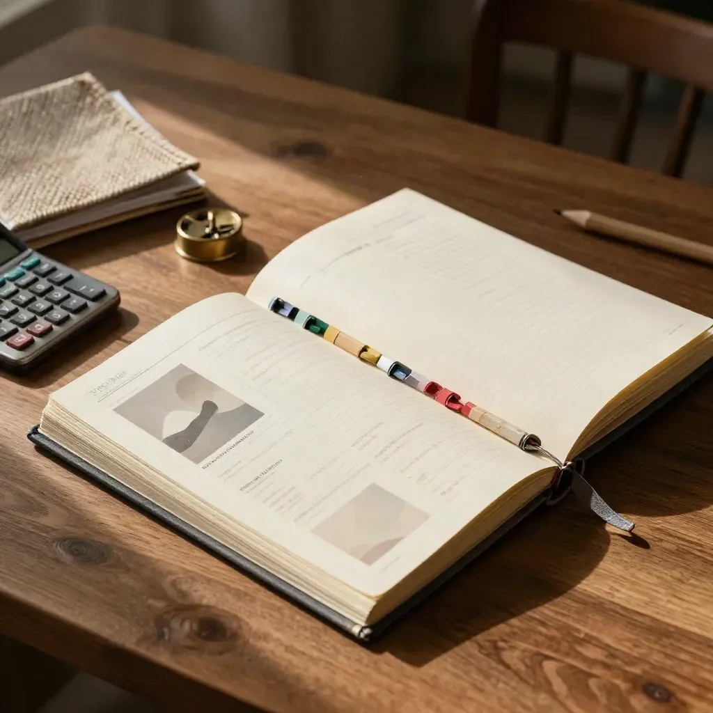Workbook de ventas abierto con pestañas de colores, calculadora y lápiz sobre mesa cálida.