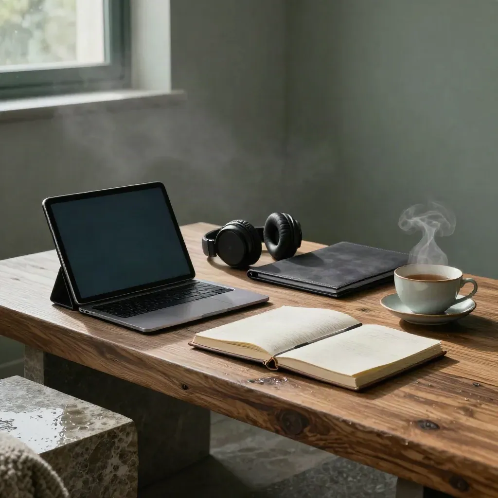 Rincón premium de estudio con tablet, portátil, auriculares, cuaderno y té junto a ventana lluviosa.