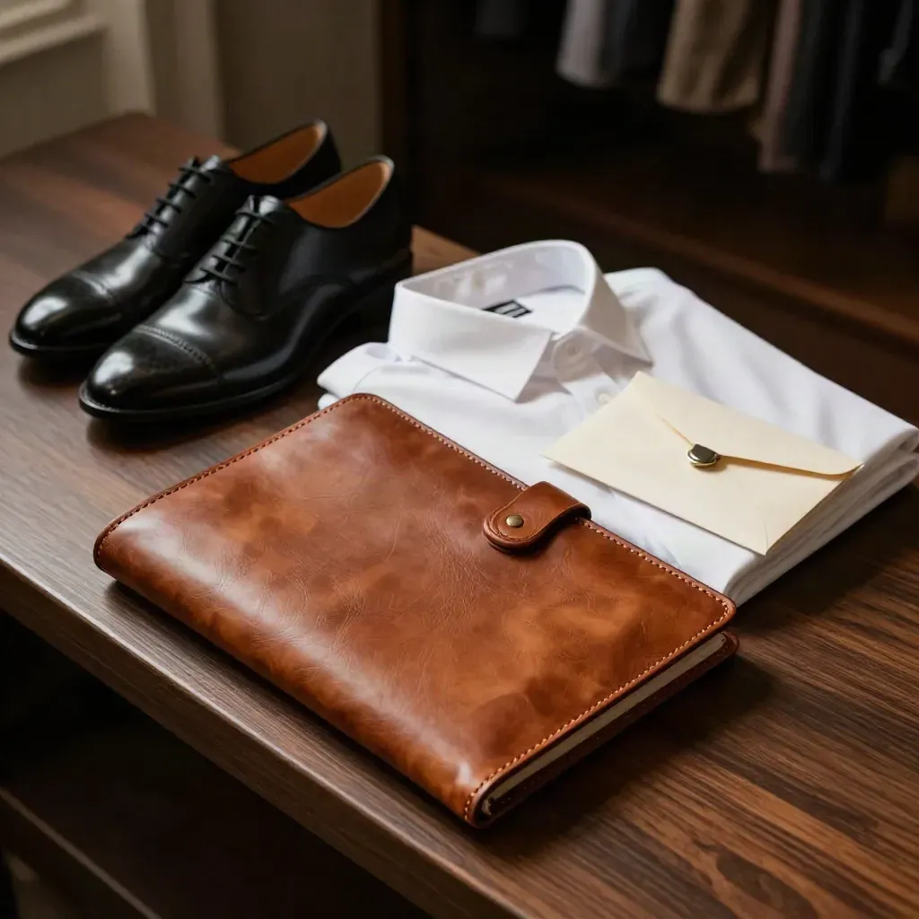 Kit premium de entrevista con cartera de cuero, camisa doblada y zapato pulido sobre fondo oscuro.