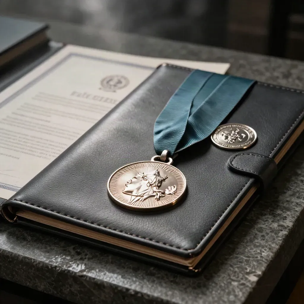Carpeta de certificación, medalla y sello metálico sobre piedra oscura con luz dramática.