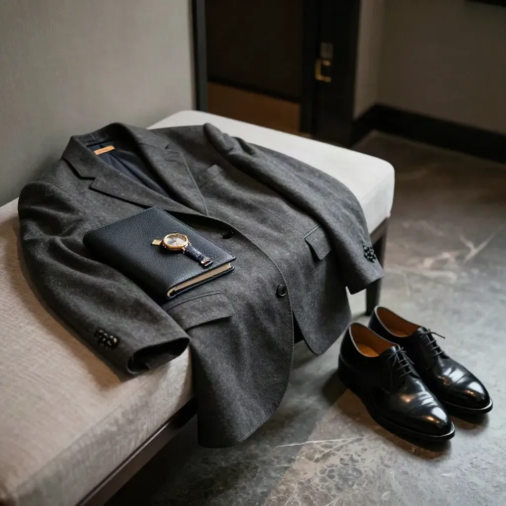 Conjunto premium para entrevista con blazer, cartera y zapatos alineados en luz cinematográfica.