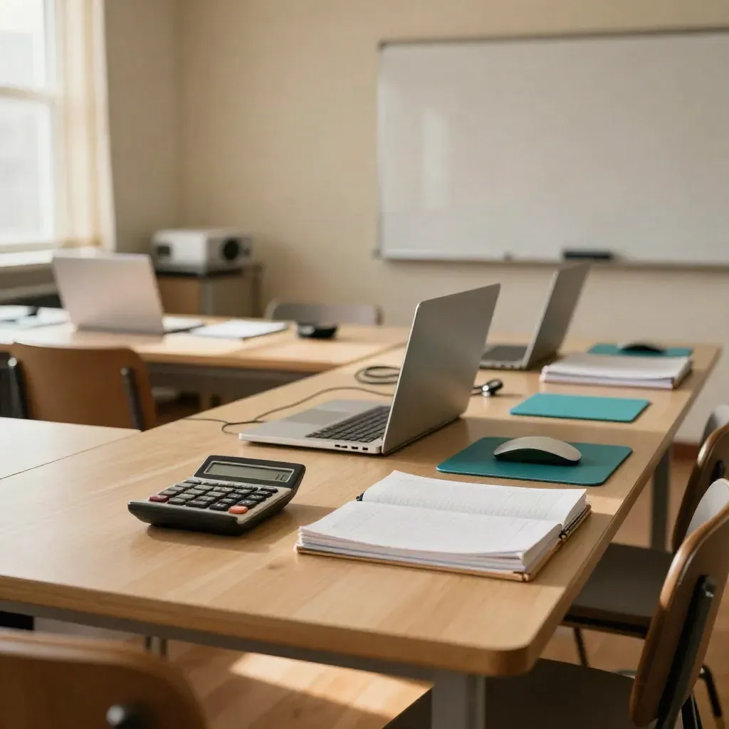 Aula vacía con mesas alineadas, calculadoras y portátiles, tras un taller de Excel.