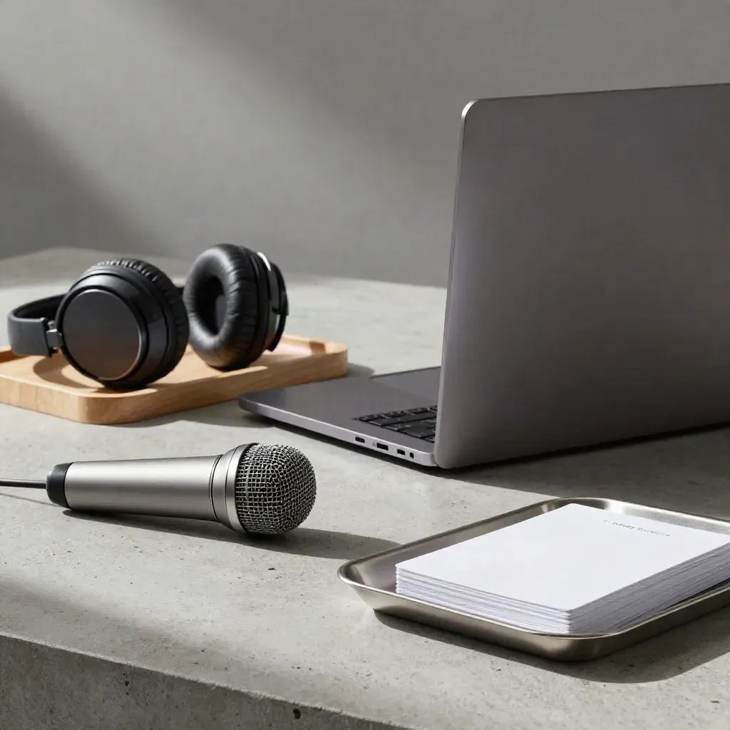 Escritorio con portátil, micrófono, auriculares y bandeja de fichas blancas en luz suave.
