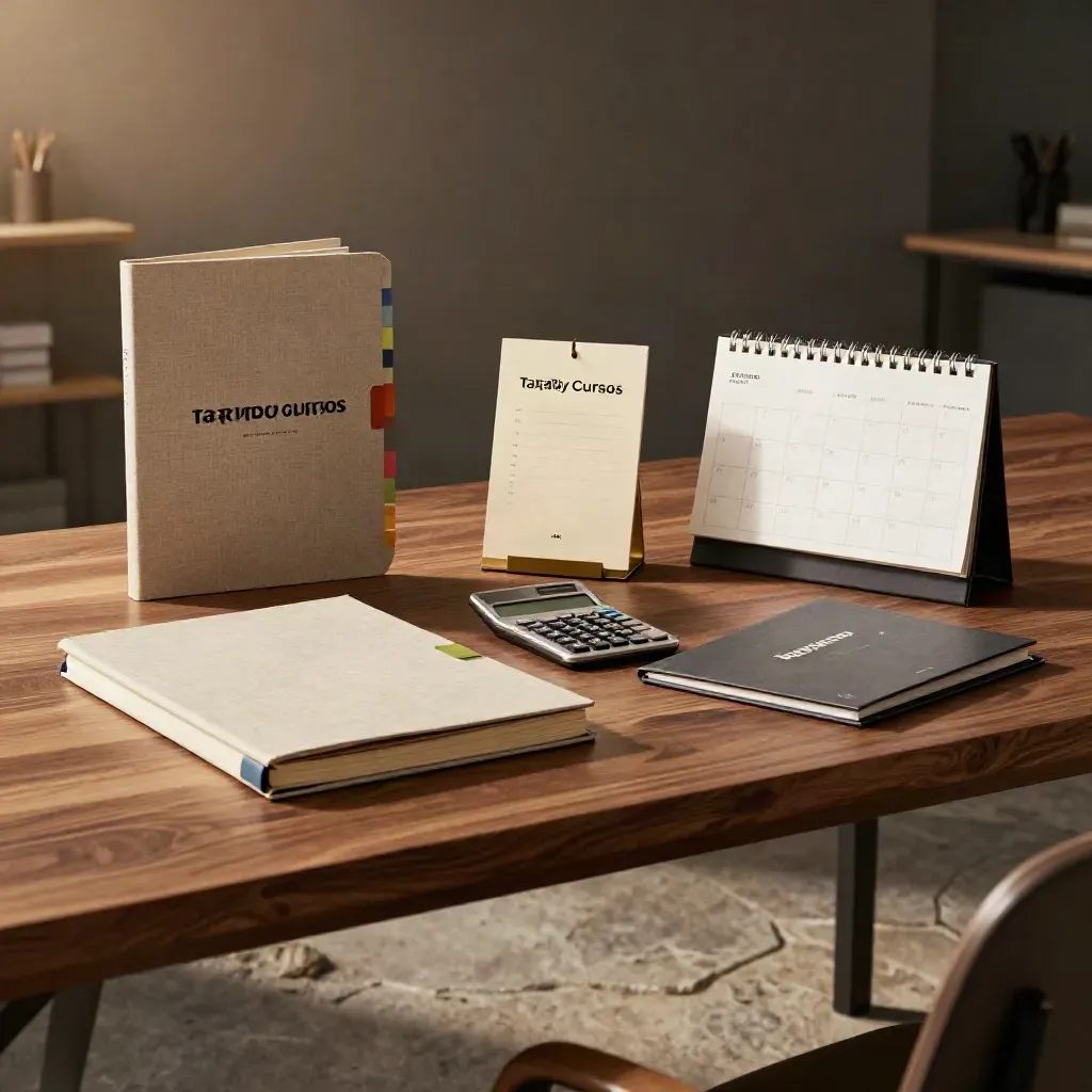 Kit de lanzamiento de un curso sobre mesa de madera, con calculadora y calendario.