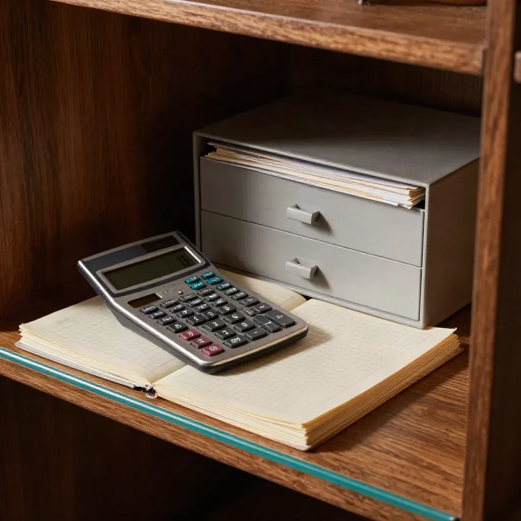 Calculadora científica, teclado numérico y archivo compacto sobre madera, con luz dramática y sombras.
