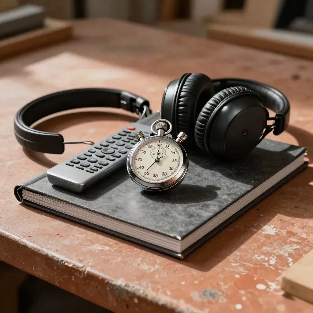 Set de coordinación con cronómetro metálico, mando y auriculares plegados sobre superficie terracota.