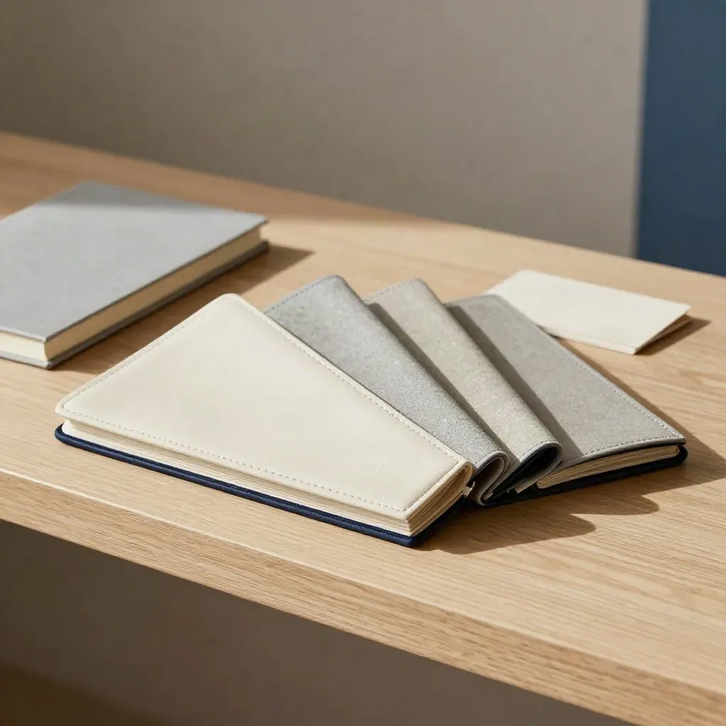Fundas de curso abiertas sobre repisa de madera clara con libreta y tarjeta de acceso