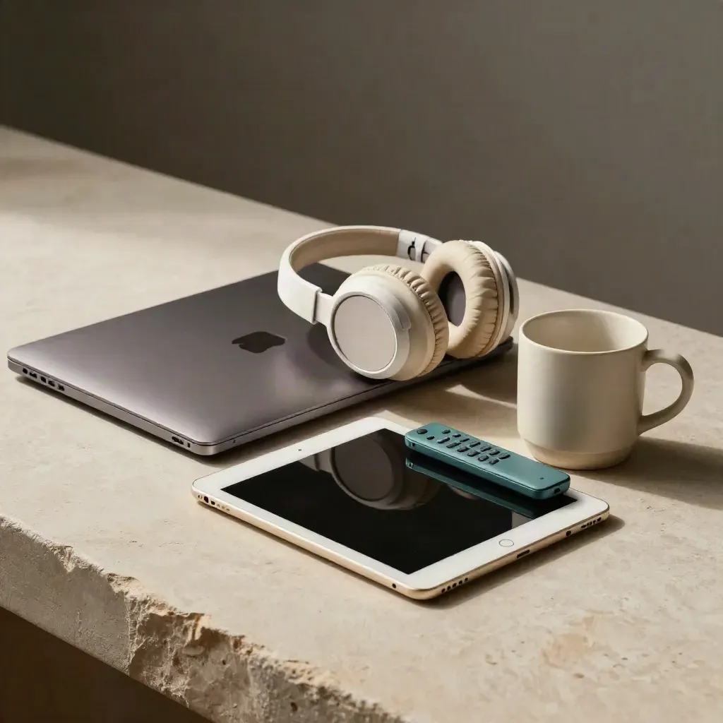 Portátil cerrado, tablet apagada, auriculares y taza junto a un mando sobre fondo claro.