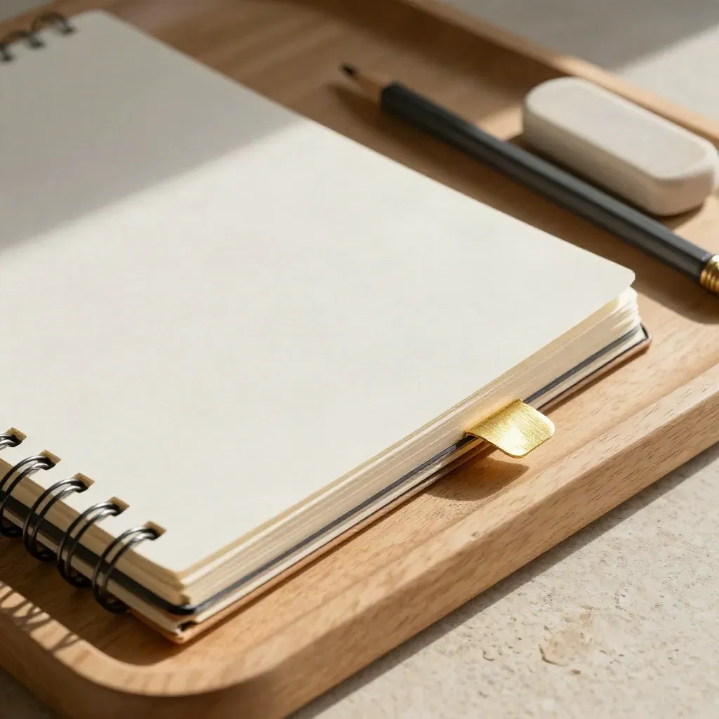 Cuaderno espiral con pestañas, tarjetas, lápiz y goma sobre bandeja de madera.