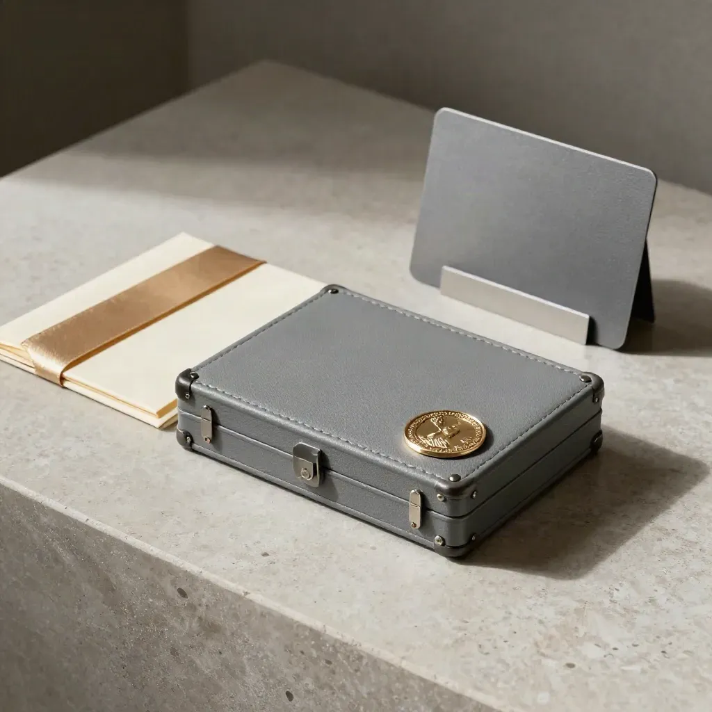 Caja de archivo, medalla, sobre y carpeta sobre bandeja de piedra, con luz suave.