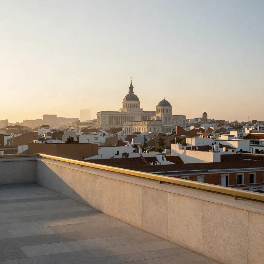 Madrid amanecer desde una azotea alta, skyline dorado con calima y base calmada para texto