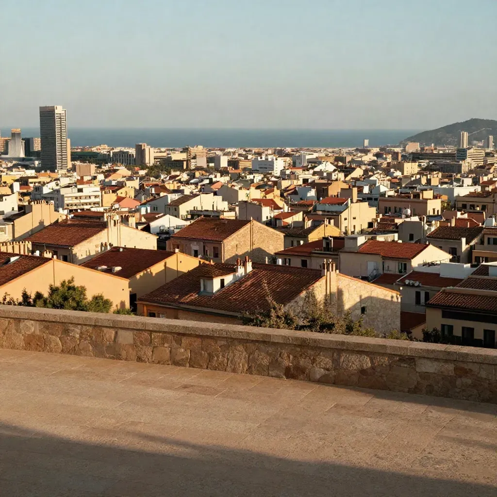 Vista de Barcelona desde una colina, con azoteas al sol y el mar difuminado al fondo.