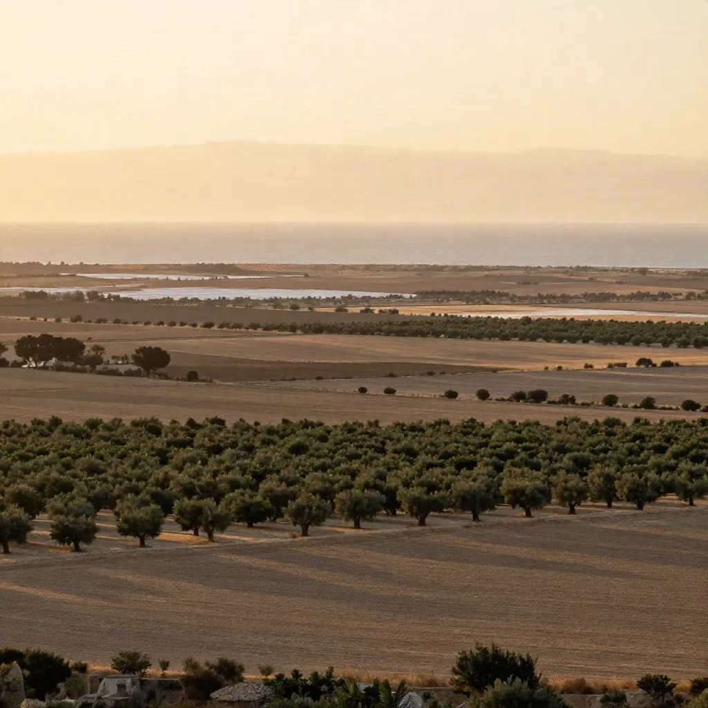 Costa valenciana al atardecer, con naranjales, llanura costera y horizonte brumoso.