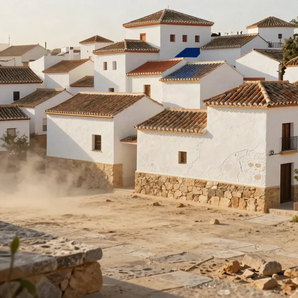 Tapiz material de Andalucía con paredes encaladas y tejas terracota bajo luz cálida.